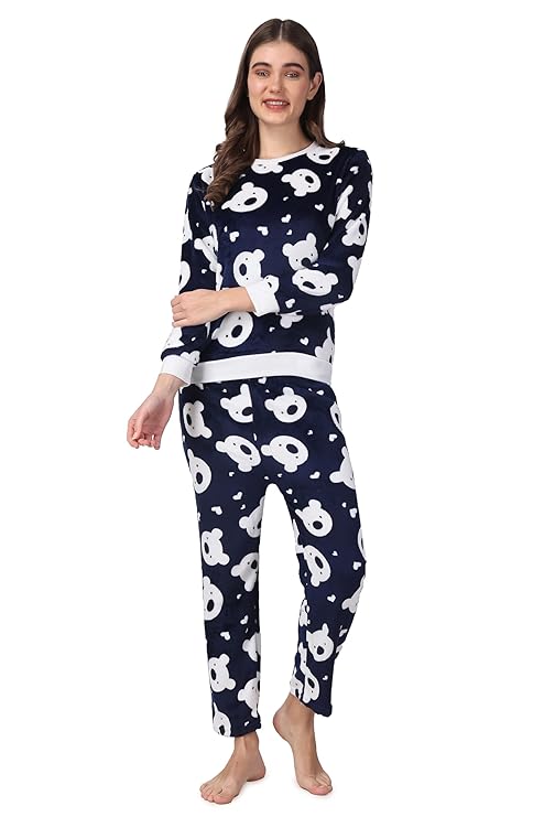 Night and Lounge wear Winter Suit Set for Women Printed Fleece