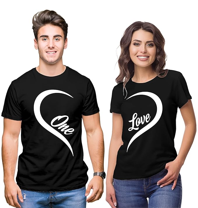 Hangout Hub Hangout-Hub-NP21 Couple Tshirts for Couples | Printed One Love Heart T-Shirts | Men's and Women's Round Neck T-Shirt (Pack of 2, Cotton)