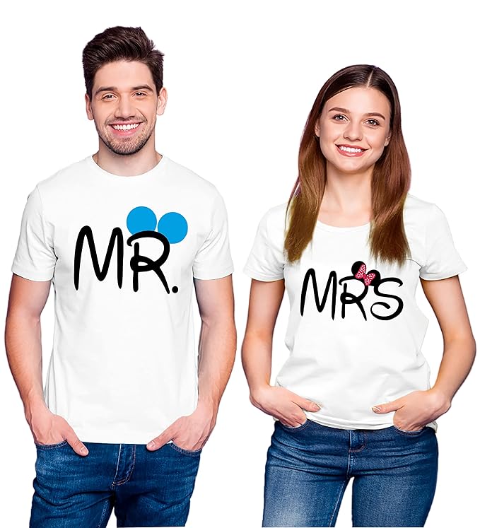 Hangout Hub HH8 Couple Men's & Women's Cotton Printed Regular Fit T-Shirts (Pack of 2) - Mr Mrs White Color
