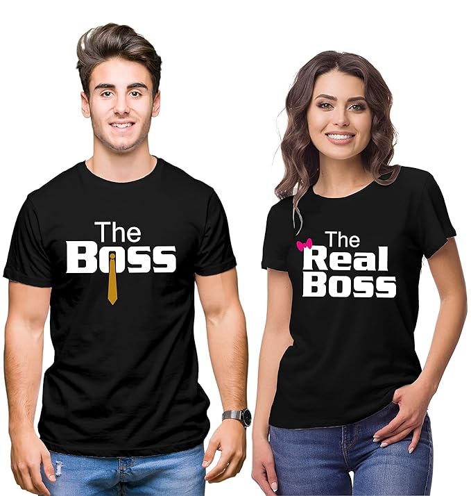 Hangout Hub Hangout-Hub024$P Couple Tshirts for Couples | Printed The Boss The Real Boss T-Shirts | Men's and Women's Round Neck T-Shirt (Pack of 2, Cotton, Half Sleeves)