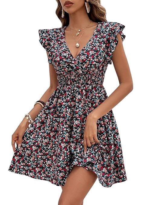 GRECIILOOKS Western Dress for Women| Floral Print Wrap V Neck Dress| Ruffle Sleeve Western Dress| Mini Summer Short Dress| Dress for Vacation| Outdoor Wear Dress