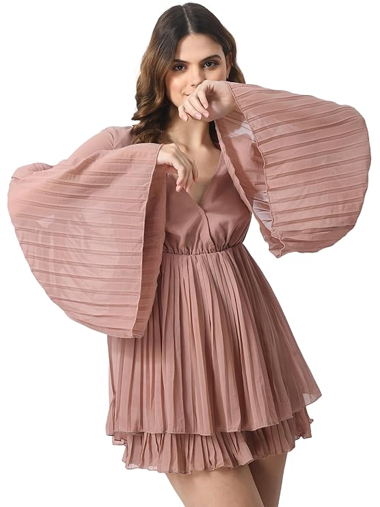 Smera Mart V Neck Mini Pleated Dress for Women