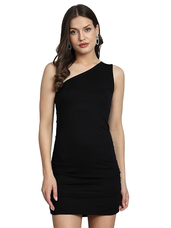 ND & R Women's Stylish Stretchable Black Single Shoulder Bodycon Dress Mini.
