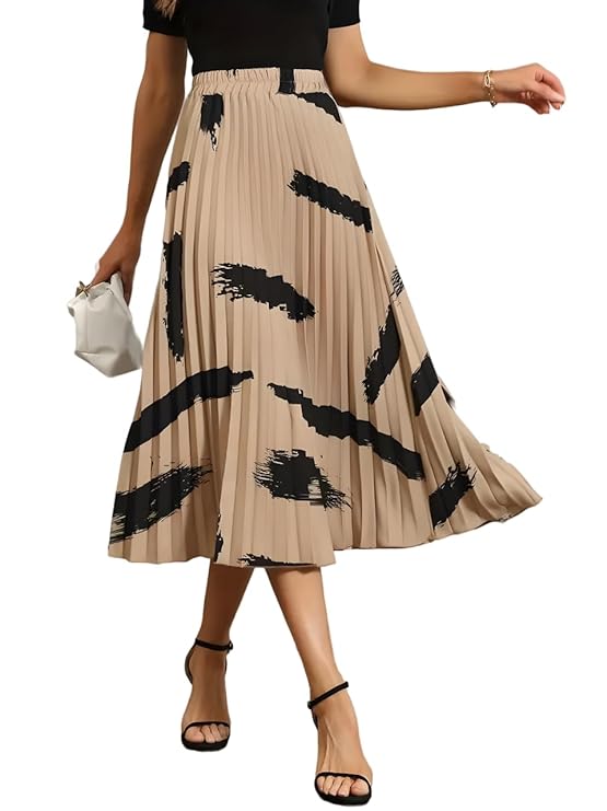 OTABU | Brush Print Pleated Skirts, Vintage Elastic Waist Midi Skirts, Women's Clothing