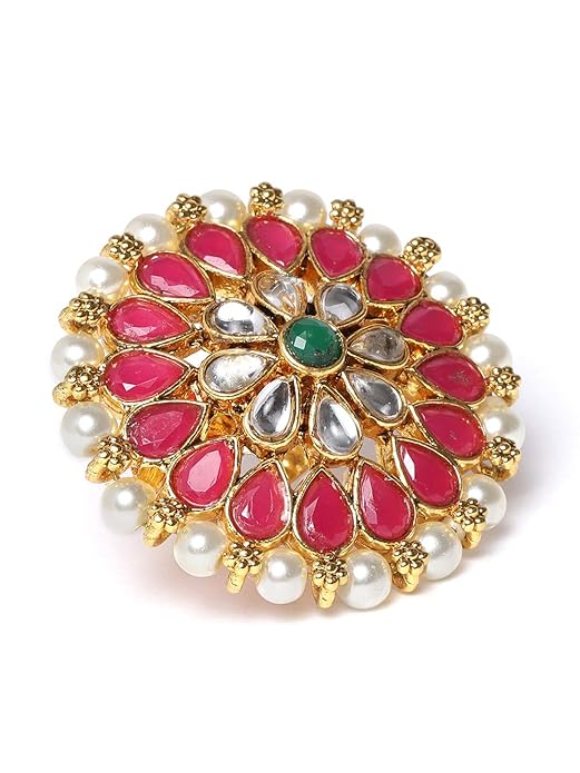 ZAVERI PEARLS Pink & Green Stones & Pearls Flower Traditional Adjustable Finger Ring For Women-ZPFK9544