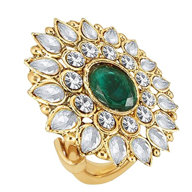 Om Jewells Gold Plated Ravishing Indo Western Adjustable Traditional Ring Studded with Kundan and Crystal Stones for Women