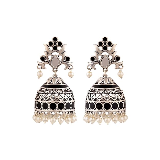 Voylla Brass Silver Oxidised Plating Rangabati Pink Embellishments Jhumka Earrings with Pearl Beads for Women and Girls