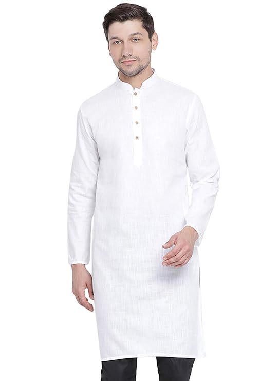 VASTRAMAY Mens Cotton Linen Kurta - Timeless Elegance for Eid & Holi Festivals | Solid Plain Weave Full Sleeves Mandarin Collar Kurta | Classic Design, Premium Comfort, and Versatile Style for Events
