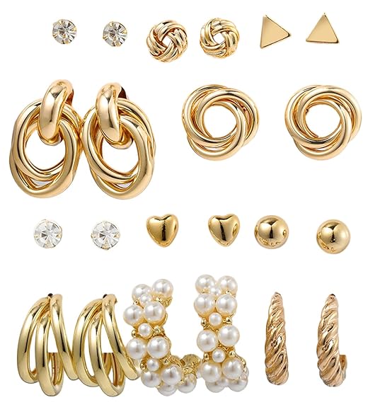 Shining Diva Fashion 11 Pairs Combo Set Celebrity Inspired Latest Trendy Stylish Gold Plated Geometric Twist Pearl Hoop Dangle Earrings for Women and Girls