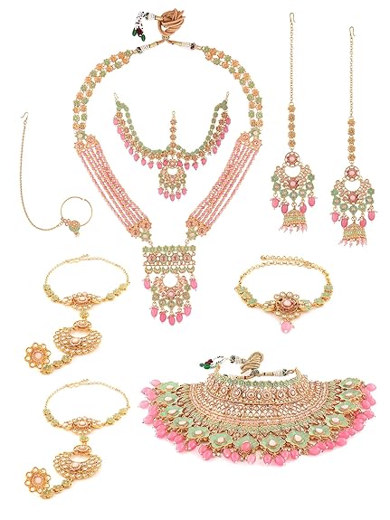 ZAVERI PEARLS Green Meenakari & Pink Beads Bridal Necklaces Earring MathaPatti Hand Harness Nose Ring & Armlet Set For Women-ZPFK13177