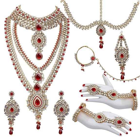 Lucky Jewellery Red Alloy Metal Kundan Bridal Jewellery Set for Women (W-RED)
