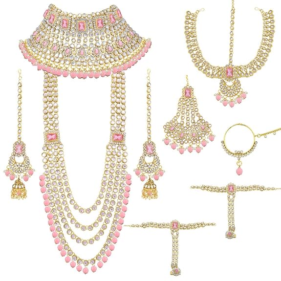 Peora Ethnic Indian Traditional Gold Plated Kundan Dulhan Bridal Jewellery Set with Choker Earrings Maang Tikka Hathphool for Women
