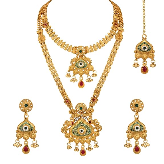 Atasi International Traditional Gold Plated Temple Jewellery Necklace Set with Earrings and Maang Tikka, Suitable for Bridal, Wedding, Party