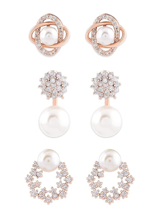 Zaveri Pearls Combo of 3 Cubic Zirconia & Pearls Contemporary Stud Earrings For Women-ZPFK10381