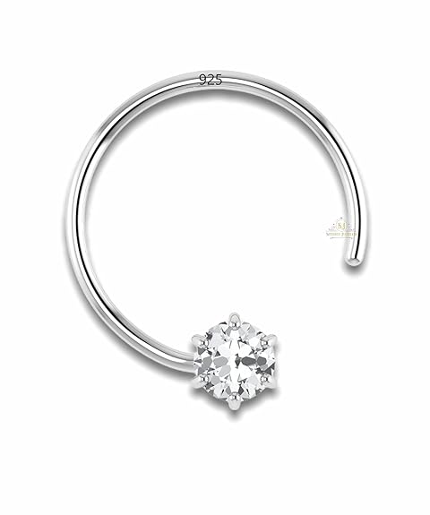 SJ Shubham Jewellers 92.5-925 Sterling Silver Round Shape White Cubic Zirconia Prong-Setting Nose Pin Stud for Women Girls Size P