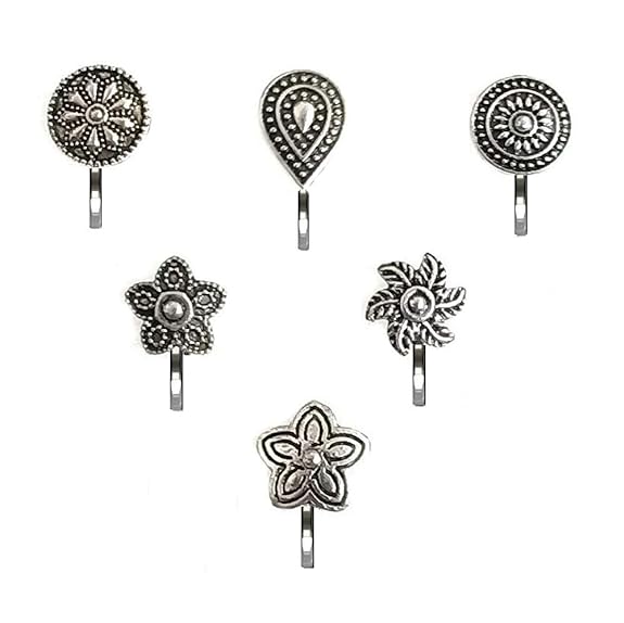 VAMA Fashions German Silver Press on Oxidized nose ring pin Stud Combo offer Oxidised Black Metal Jewellery For Girls & women