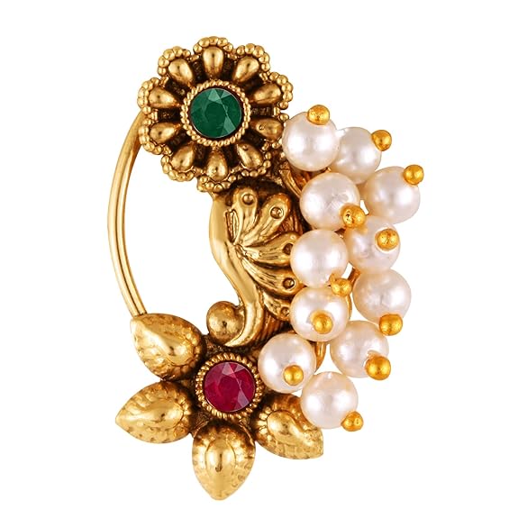 Vighnaharta Gold Plated with Pearl Alloy and Artificial stone Non Piercing Maharashtrian Nath for women (VFJ1180NTH-Press-Multi)