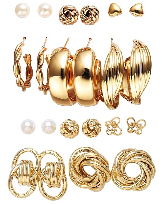 Shining Diva Fashion 11 Pairs Combo Set Latest Stylish Vintage Pearl Earrings for Women Gold Plated Dangle Earrings Heart Butterfly Hoop Earrings Geometric Fashion Jewelry