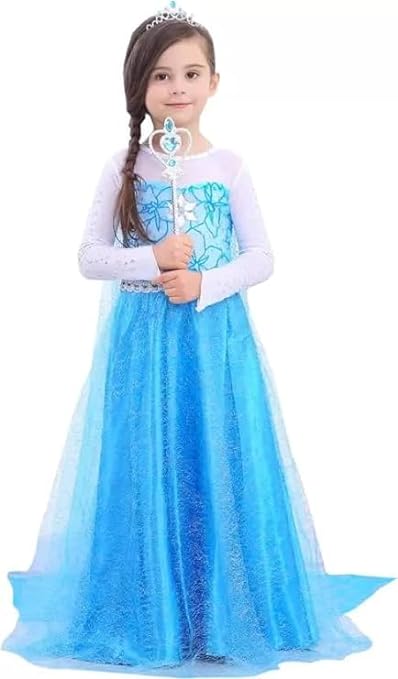 ULTIMATE LOOKS Frozen Princess Elsa Costumes for Girls Toddlers Fancy Dress Up with Wand, Gloves, Wig, Jewelry Set for Birthday, Party, Cosplay Costume for Girls (7-8 Years), Elsa Dress b