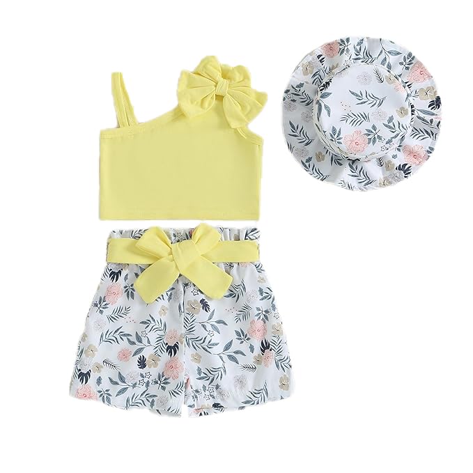 Bold N Elegant Girls Cotton Sleeveless Modern Top and Floral Shorts with Belt and Hat Trendy Coords Set Baby Girl Party Dress Outfit