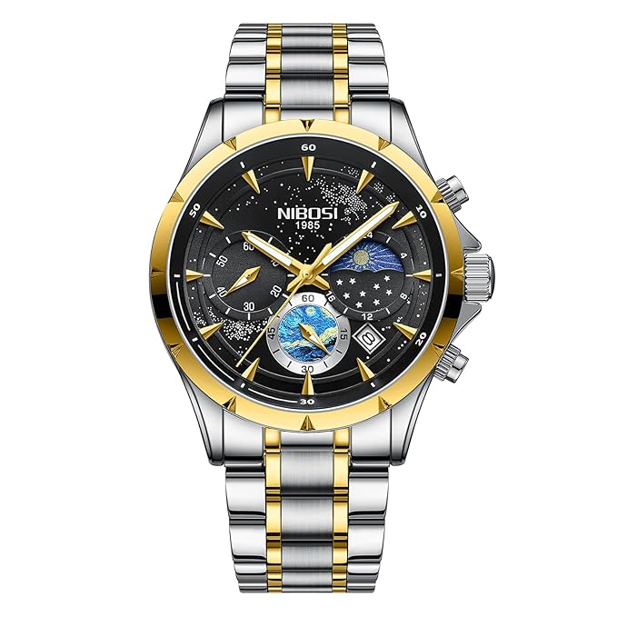 NIBOSI Men's Watches Analog Quartz Starry Dial Watches for Men Stylish Waterproof Chronograph Stainless Steel Leather Wrist Watches Calendar
