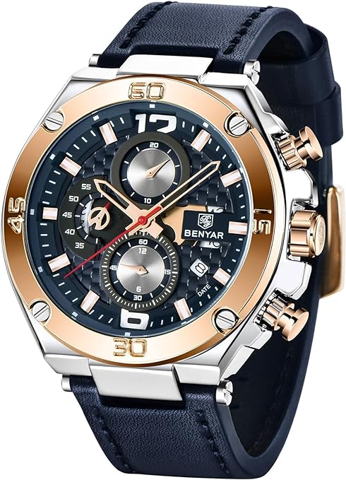 BENYAR Luxury Business Casual Party-Wear Leather Chronograph Date Display Watch for Men
